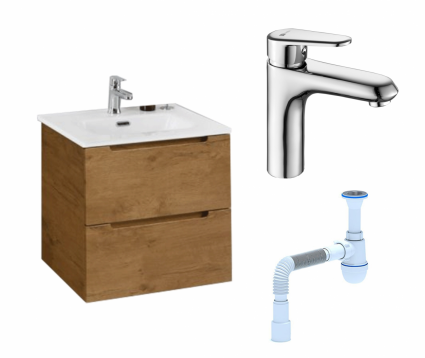 Комплект: Тумба с раковиной BelBagno Etna 39 50 rovere nature + Смеситель Lemark Point LM0306C хром + Сифон АниПласт