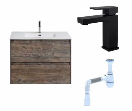 Комплект: Тумба с раковиной BelBagno Kraft 39 60 pino pasadena + Смеситель Haiba HB10803-7 черный + Сифон АниПласт