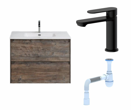 Комплект: Тумба с раковиной BelBagno Kraft 39 60 pino pasadena + Смеситель Haiba HB10590-7 черный + Сифон АниПласт