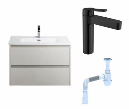 Комплект: Тумба с раковиной BelBagno Kraft 39 70 bianco opaco + Смеситель BelBagno Delta DEL-LVM-NERO черный + Сифон АниПласт