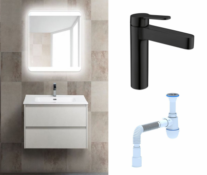 Комплект: Мебель для ванной BelBagno Kraft 39 70 bianco opaco + Смеситель BelBagno Delta DEL-LVM-NERO черный + Сифон АниПласт