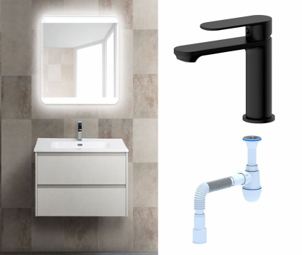 Комплект: Мебель для ванной BelBagno Kraft 39 70 bianco opaco + Смеситель Haiba HB10590-7 черный + Сифон АниПласт