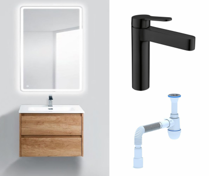 Комплект: Мебель для ванной BelBagno Kraft 39 60 rovere nebrasca nature + Смеситель BelBagno Delta DEL-LVM-NERO черный + Сифон АниПласт