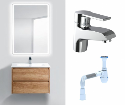 Комплект: Мебель для ванной BelBagno Kraft 39 60 rovere nebrasca nature + Смеситель Agger Right A2902100 хром + Сифон АниПласт