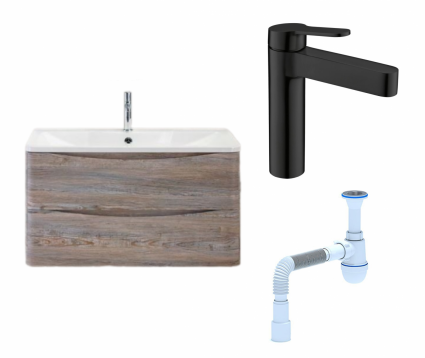 Комплект: Тумба с раковиной BelBagno Acqua 80 pino scania + Смеситель BelBagno Delta DEL-LVM-NERO черный + Сифон АниПласт