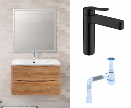 Комплект: Мебель для ванной BelBagno Acqua 80 rovere rustico + Смеситель BelBagno Delta DEL-LVM-NERO черный + Сифон АниПласт