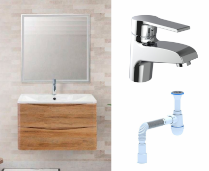 Комплект: Мебель для ванной BelBagno Acqua 80 rovere rustico + Смеситель Agger Right A2902100 хром + Сифон АниПласт