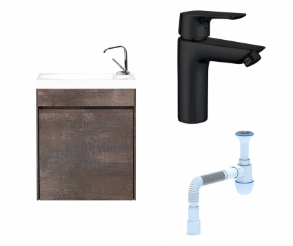 Комплект: Тумба с раковиной BelBagno Pietra Mini 46 L stone + Смеситель Aquanet Static AF330-10B черный + Сифон АниПласт