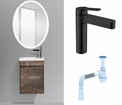 Комплект: Мебель для ванной BelBagno Pietra Mini 46 L stone + Смеситель BelBagno Delta DEL-LVM-NERO черный + Сифон АниПласт