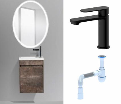 Комплект: Мебель для ванной BelBagno Pietra Mini 46 L stone + Смеситель Haiba HB10590-7 черный + Сифон АниПласт