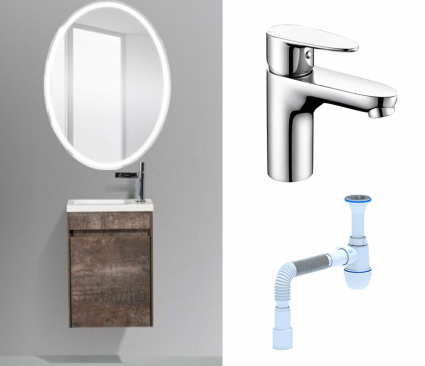 Комплект: Мебель для ванной BelBagno Pietra Mini 46 L stone + Смеситель Wasserkraft Leine 3503 хром + Сифон АниПласт