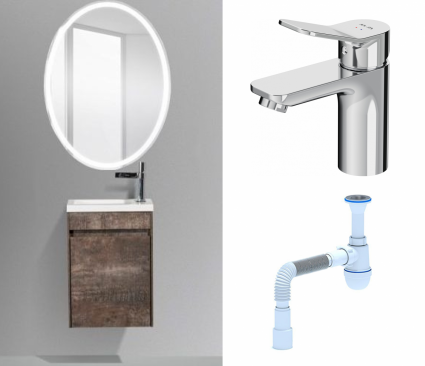 Комплект: Мебель для ванной BelBagno Pietra Mini 46 L stone + Смеситель Am.Pm X-Joy F85A02100 хром + Сифон АниПласт