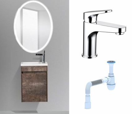 Комплект: Мебель для ванной BelBagno Pietra Mini 46 L stone + Смеситель Bravat Eler F1191238CP-RUS хром + Сифон АниПласт