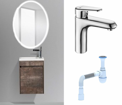 Комплект: Мебель для ванной BelBagno Pietra Mini 46 L stone + Смеситель Lemark Point LM0306C хром + Сифон АниПласт