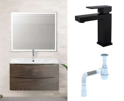 Комплект: Мебель для ванной BelBagno Acqua 80 robere nature grigio + Смеситель Haiba HB10803-7 черный + Сифон АниПласт
