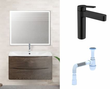 Комплект: Мебель для ванной BelBagno Acqua 80 robere nature grigio + Смеситель  BelBagno Delta DEL-LVM-NERO черный + Сифон АниПласт