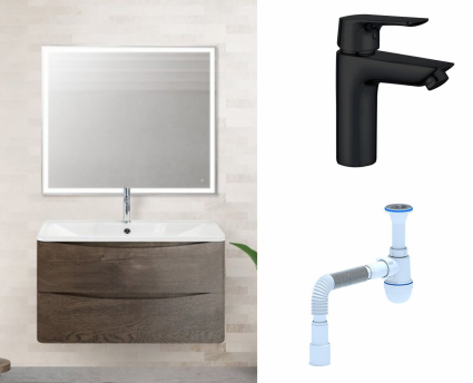 Комплект: Мебель для ванной BelBagno Acqua 80 robere nature grigio + Смеситель Aquanet Static AF330-10B черный + Сифон АниПласт