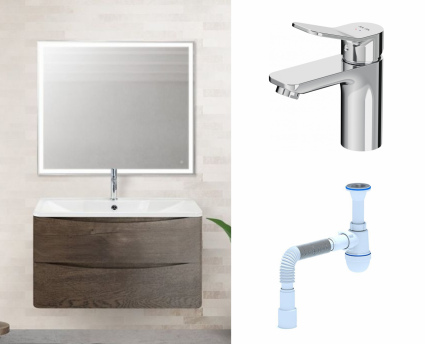 Комплект: Мебель для ванной BelBagno Acqua 80 robere nature grigio + Смеситель Am.Pm X-Joy F85A02100 Хром + Сифон АниПласт
