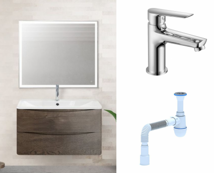 Комплект: Мебель для ванной BelBagno Acqua 80 robere nature grigio + Смеситель  Haiba HB10198 Хром + Сифон АниПласт