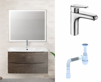 Комплект: Мебель для ванной BelBagno Acqua 80 robere nature grigio + Смеситель Lemark Point LM0306C Хром + Сифон АниПласт