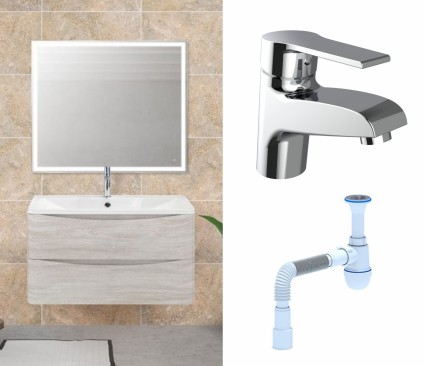 Комплект: Мебель для ванной BelBagno Acqua 80 rovere vintage bianco + Смеситель Agger Right A2902100 хром + Сифон АниПласт