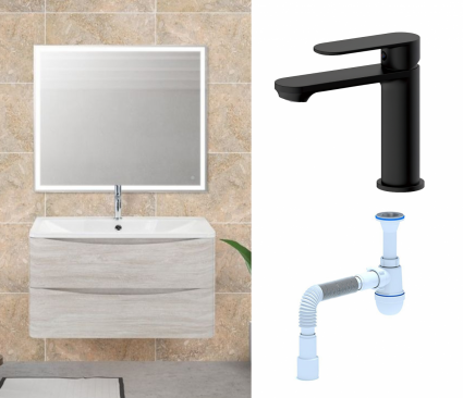 Комплект: Мебель для ванной BelBagno Acqua 100 rovere vintage bianco + Смеситель Haiba HB10590-7 черный + Сифон АниПласт