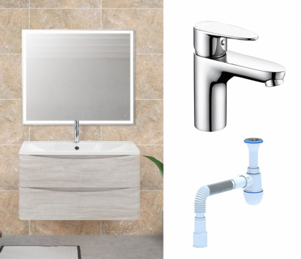 Комплект: Мебель для ванной BelBagno Acqua 100 rovere vintage bianco + Смеситель Wasserkraft Leine 3503 хром + Сифон АниПласт