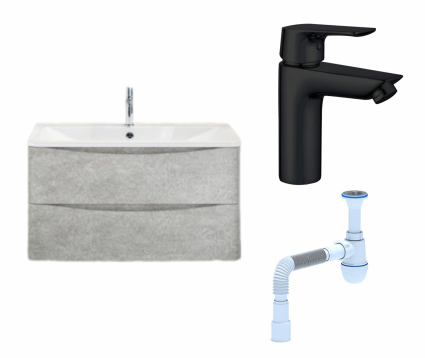 Комплект: Тумба с раковиной BelBagno Acqua 80 cemento verona grigio + Смеситель Aquanet Static AF330-10B черный + Сифон АниПласт