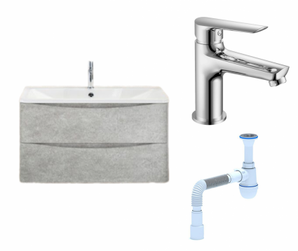 Комплект: Тумба с раковиной BelBagno Acqua 80 cemento verona grigio + Смеситель Haiba HB10198 хром + Сифон АниПласт