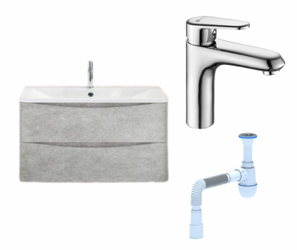Комплект: Тумба с раковиной BelBagno Acqua 80 cemento verona grigio + Смеситель Lemark Point LM0306C хром + Сифон АниПласт