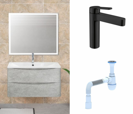 Комплект: Мебель для ванной BelBagno Acqua 80 cemento verona grigio + Смеситель  BelBagno Delta DEL-LVM-NERO черный + Сифон АниПласт
