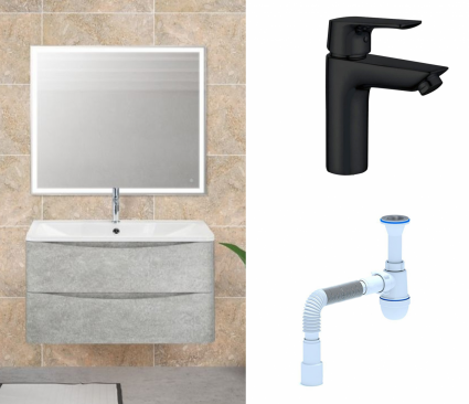 Комплект: Мебель для ванной BelBagno Acqua 80 cemento verona grigio + Смеситель Aquanet Static AF330-10B черный + Сифон АниПласт