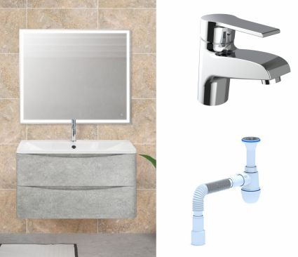 Комплект: Мебель для ванной BelBagno Acqua 80 cemento verona grigio + Смеситель Agger Right A2902100 Хром + Сифон АниПласт