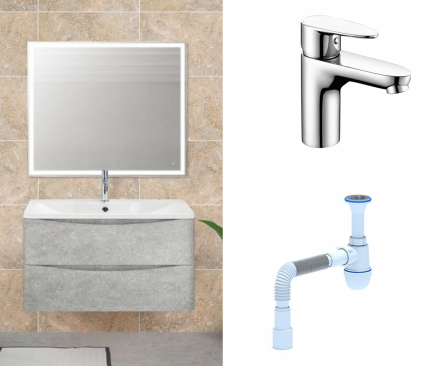 Комплект: Мебель для ванной BelBagno Acqua 80 cemento verona grigio + Смеситель Wasserkraft Leine 3503 Хром + Сифон АниПласт