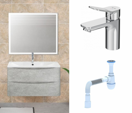 Комплект: Мебель для ванной BelBagno Acqua 80 cemento verona grigio + Смеситель Am.Pm X-Joy F85A02100 Хром + Сифон АниПласт