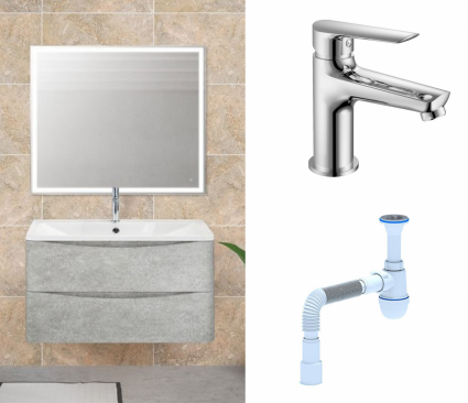 Комплект: Мебель для ванной BelBagno Acqua 80 cemento verona grigio + Смеситель  Haiba HB10198 Хром + Сифон АниПласт