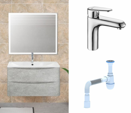 Комплект: Мебель для ванной BelBagno Acqua 80 cemento verona grigio + Смеситель Lemark Point LM0306C Хром + Сифон АниПласт