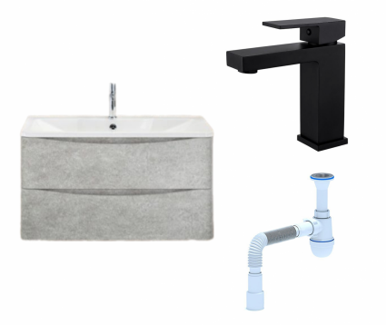 Комплект: Тумба с раковиной BelBagno Acqua 90 cemento verona grigio + Смеситель Haiba HB10803-7 черный + Сифон АниПласт