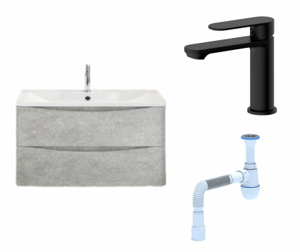 Комплект: Тумба с раковиной BelBagno Acqua 90 cemento verona grigio + Смеситель  Haiba HB10590-7 черный + Сифон АниПласт
