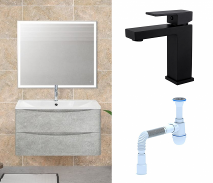 Комплект: Мебель для ванной BelBagno Acqua 90 cemento verona grigio + Смеситель Haiba HB10803-7 черный + Сифон АниПласт