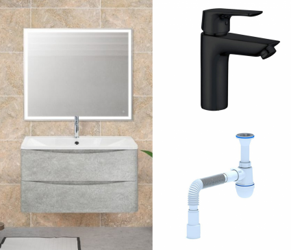 Комплект: Мебель для ванной BelBagno Acqua 90 cemento verona grigio + Смеситель Aquanet Static AF330-10B черный + Сифон АниПласт
