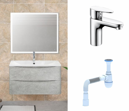 Комплект: Мебель для ванной BelBagno Acqua 90 cemento verona grigio + Смеситель Wasserkraft Leine 3503 Хром + Сифон АниПласт
