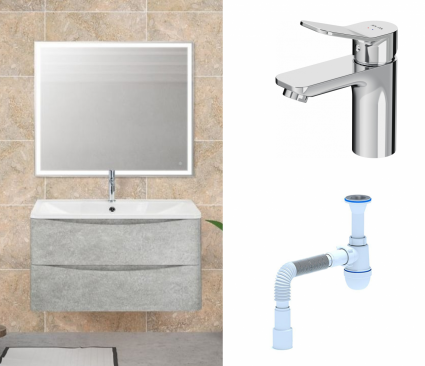 Комплект: Мебель для ванной BelBagno Acqua 90 cemento verona grigio + Смеситель Am.Pm X-Joy F85A02100 Хром + Сифон АниПласт