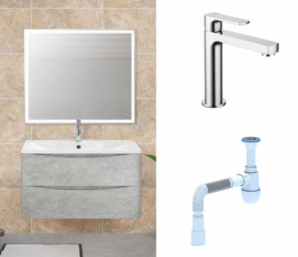 Комплект: Мебель для ванной BelBagno Acqua 90 cemento verona grigio + Смеситель Lemark plus Grace LM1537C Хром + Сифон АниПласт