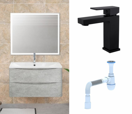 Комплект: Мебель для ванной BelBagno Acqua 100 cemento verona grigio + Смеситель Haiba HB10803-7 черный + Сифон АниПласт