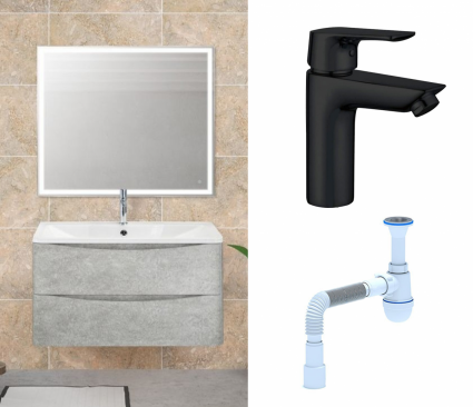 Комплект: Мебель для ванной BelBagno Acqua 100 cemento verona grigio + Смеситель Aquanet Static AF330-10B черный + Сифон АниПласт