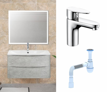 Комплект: Мебель для ванной BelBagno Acqua 100 cemento verona grigio + Смеситель Wasserkraft Leine 3503 хром + Сифон АниПласт