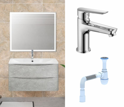 Комплект: Мебель для ванной BelBagno Acqua 100 cemento verona grigio + Смеситель Haiba HB10198 хром + Сифон АниПласт