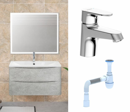 Комплект: Мебель для ванной BelBagno Acqua 100 cemento verona grigio + Смеситель Bravat Alfa F1120178CP хром + Сифон АниПласт