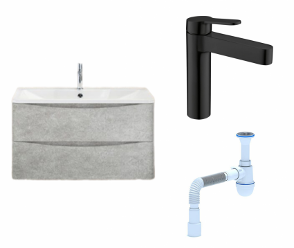 Комплект: Тумба с раковиной BelBagno Acqua 100 cemento verona grigio + Смеситель BelBagno Delta DEL-LVM-NERO черный + Сифон АниПласт